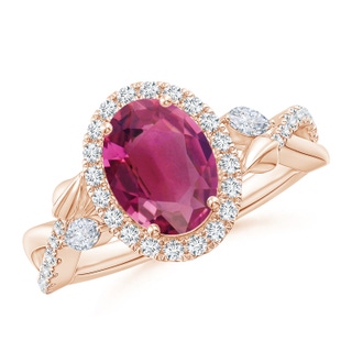 9x7mm AAAA Oval Pink Tourmaline Twisted Vine Ring with Diamond Halo in Rose Gold