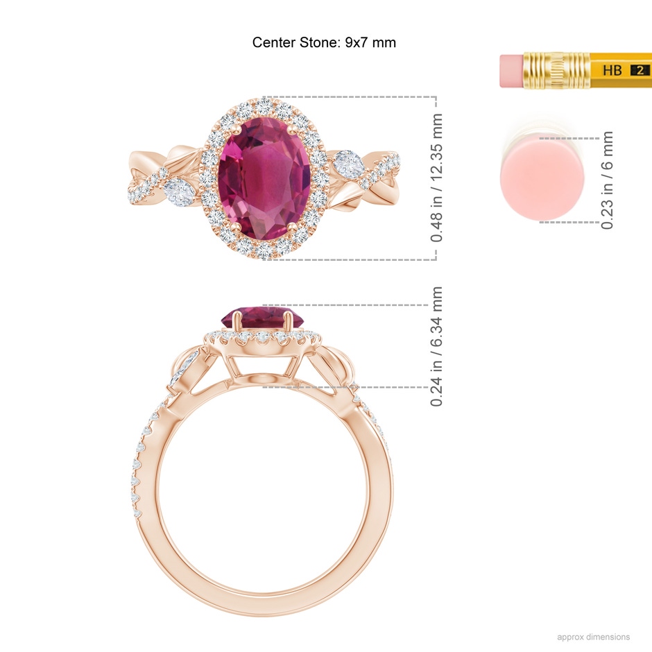 9x7mm AAAA Oval Pink Tourmaline Twisted Vine Ring with Diamond Halo in Rose Gold ruler