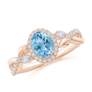 7x5mm A Oval Swiss Blue Topaz Twisted Vine Ring with Diamond Halo in 9K Rose Gold