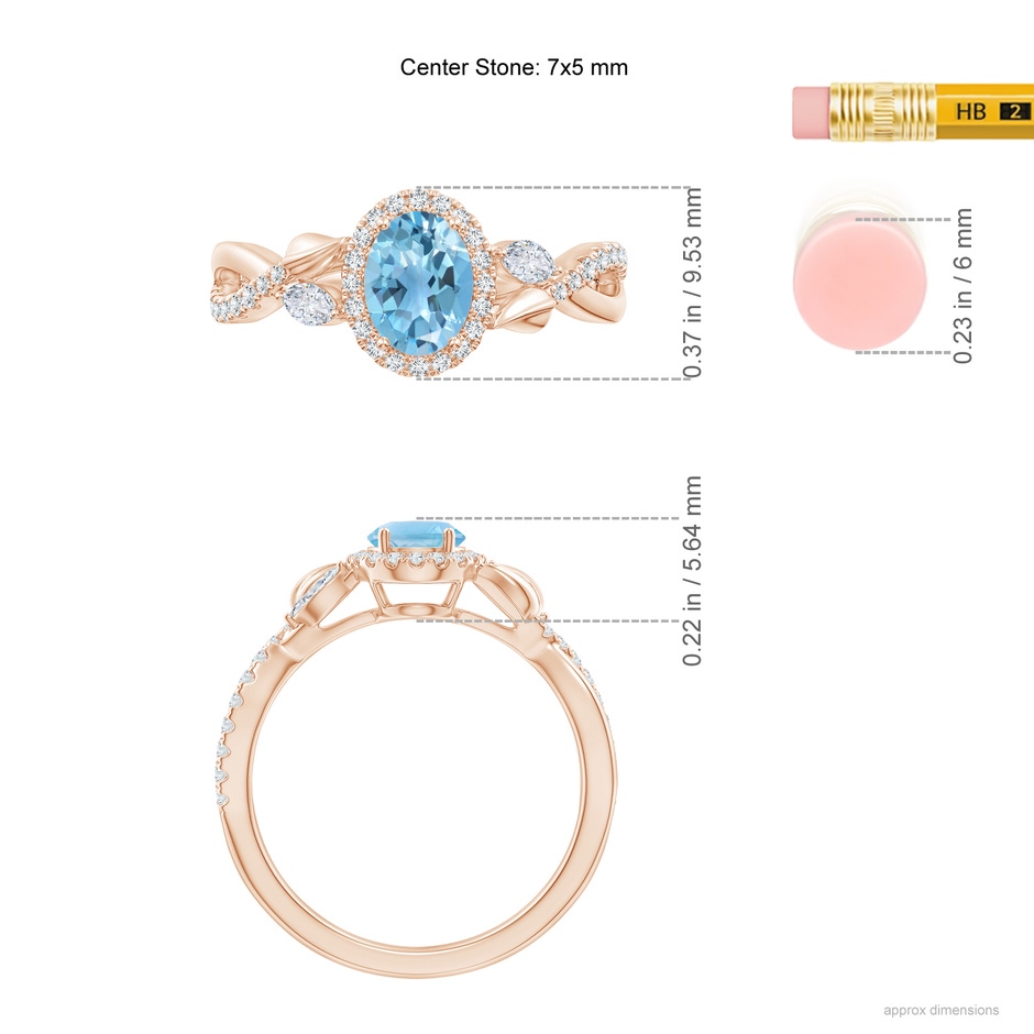 7x5mm A Oval Swiss Blue Topaz Twisted Vine Ring with Diamond Halo in Rose Gold ruler