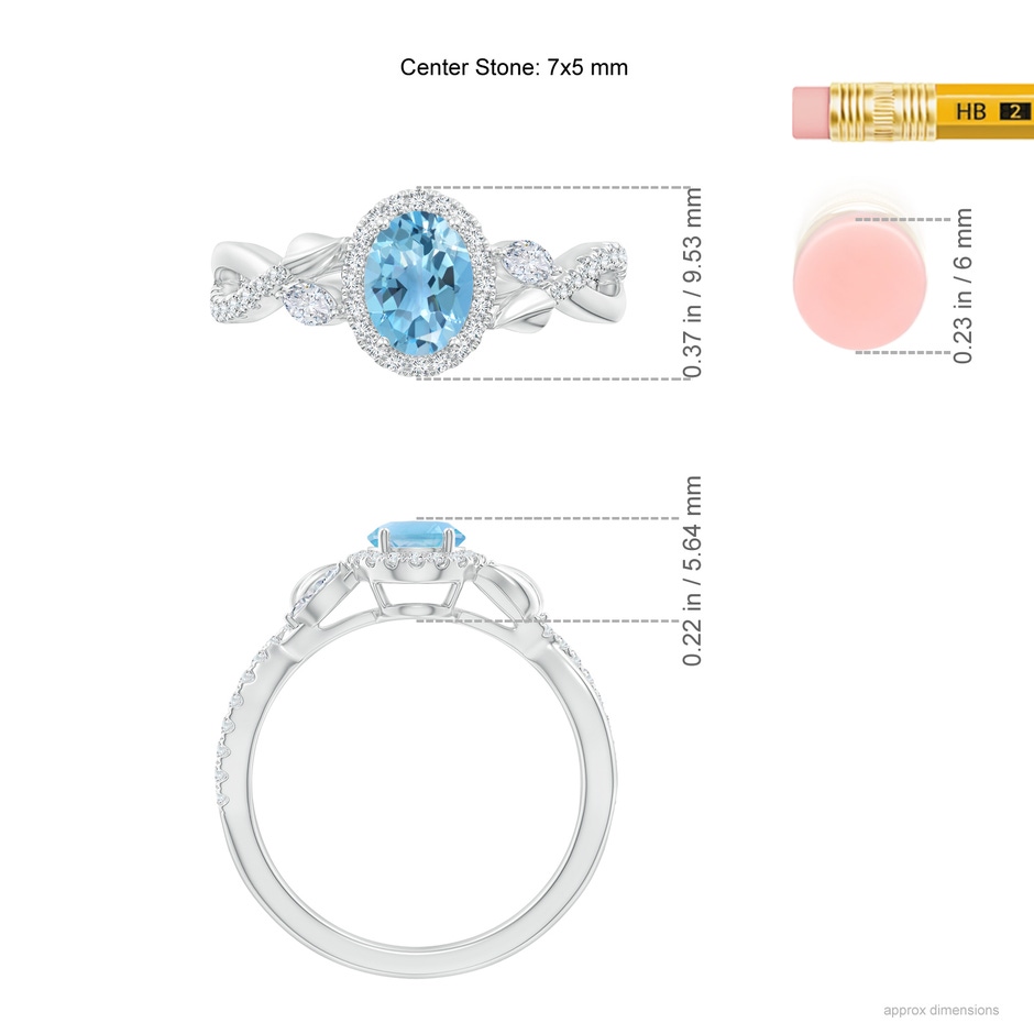7x5mm A Oval Swiss Blue Topaz Twisted Vine Ring with Diamond Halo in White Gold ruler