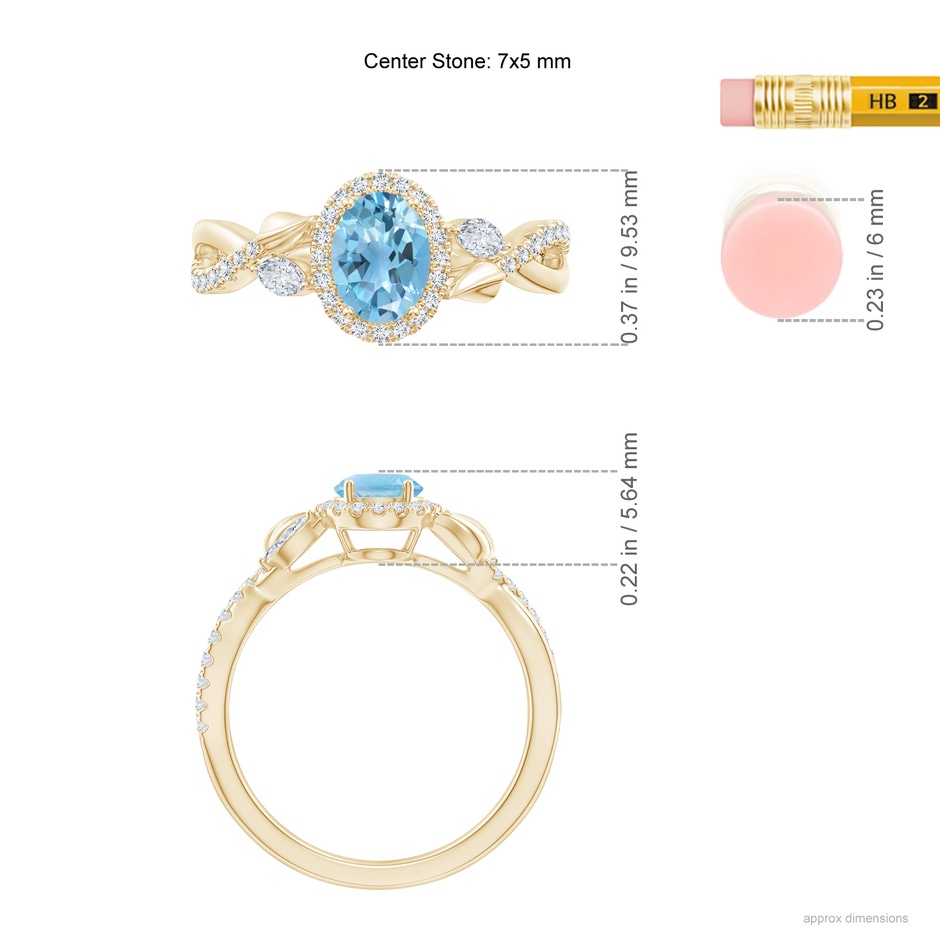 7x5mm A Oval Swiss Blue Topaz Twisted Vine Ring with Diamond Halo in Yellow Gold ruler