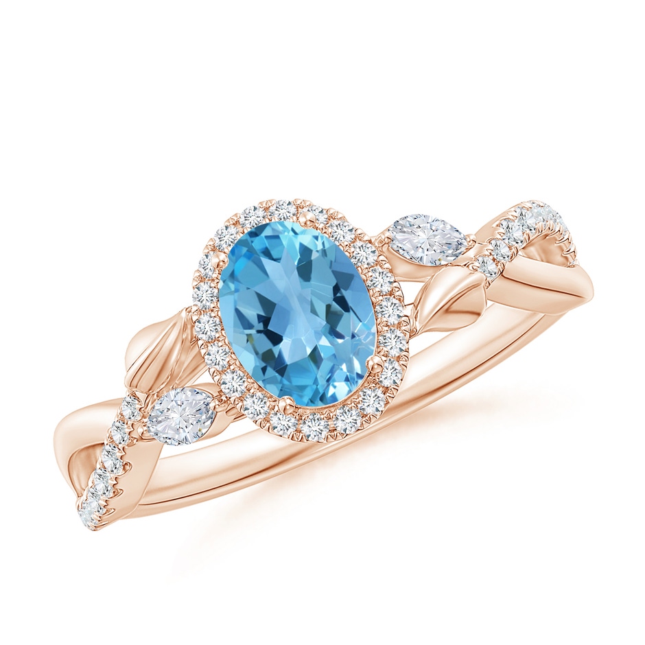 7x5mm AA Oval Swiss Blue Topaz Twisted Vine Ring with Diamond Halo in Rose Gold 