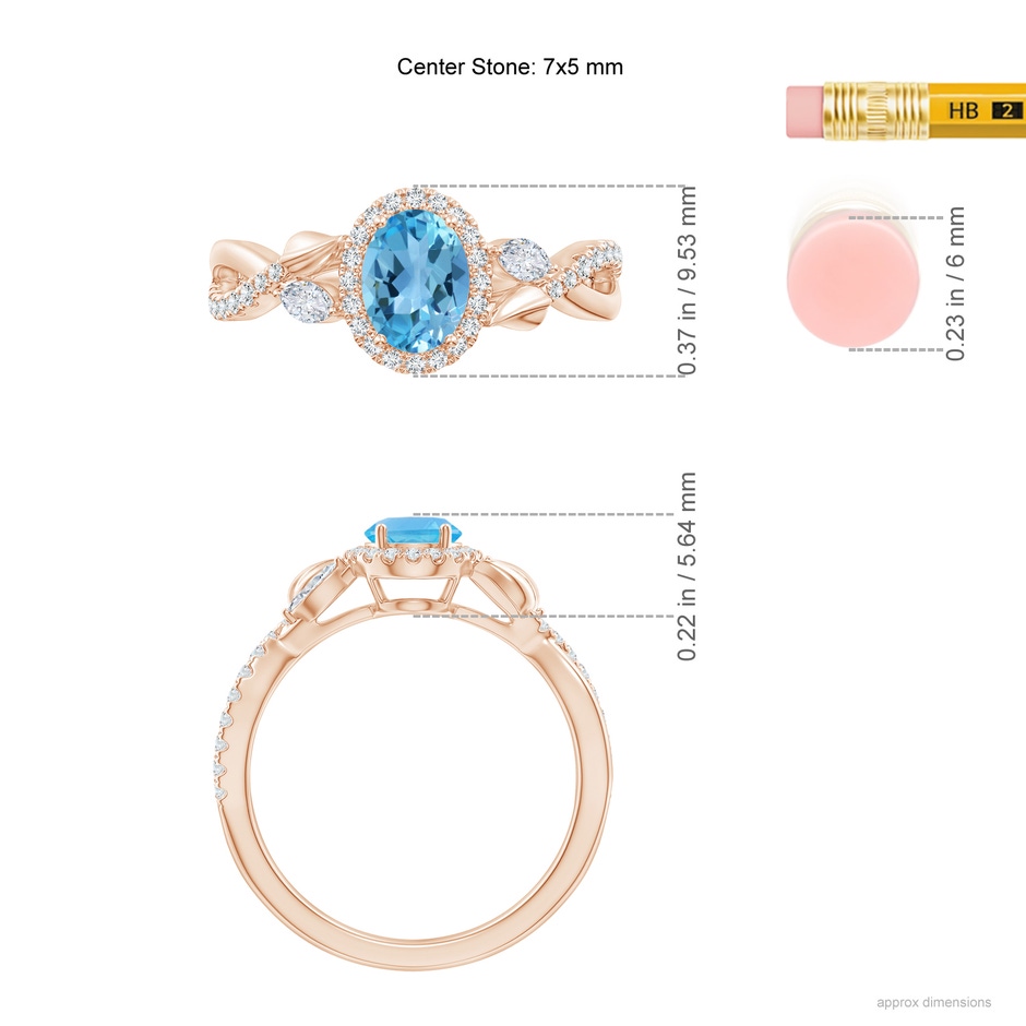 7x5mm AA Oval Swiss Blue Topaz Twisted Vine Ring with Diamond Halo in Rose Gold ruler