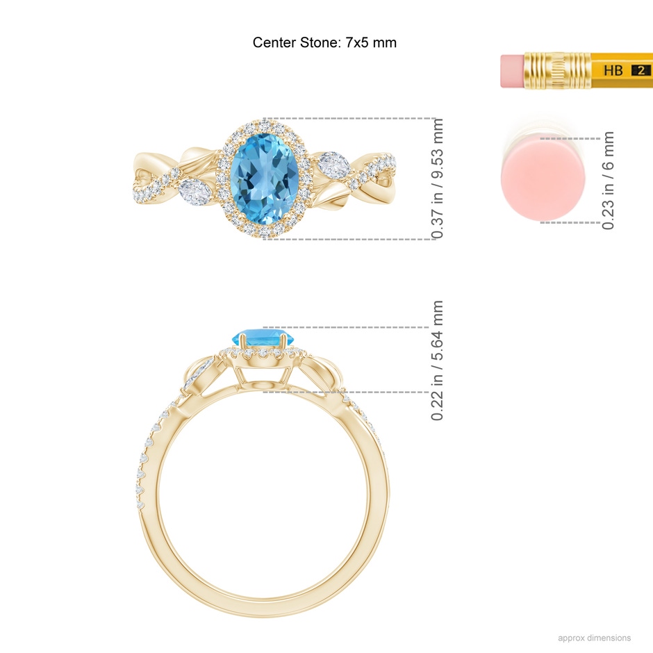 7x5mm AA Oval Swiss Blue Topaz Twisted Vine Ring with Diamond Halo in Yellow Gold ruler