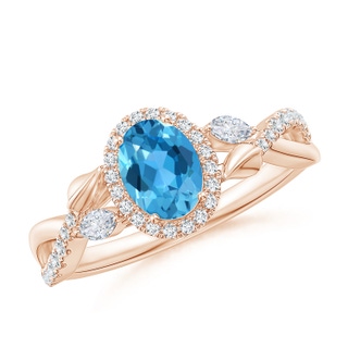 7x5mm AAA Oval Swiss Blue Topaz Twisted Vine Ring with Diamond Halo in Rose Gold