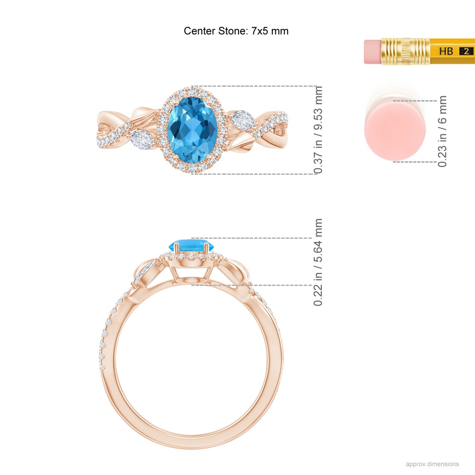 7x5mm AAA Oval Swiss Blue Topaz Twisted Vine Ring with Diamond Halo in Rose Gold ruler