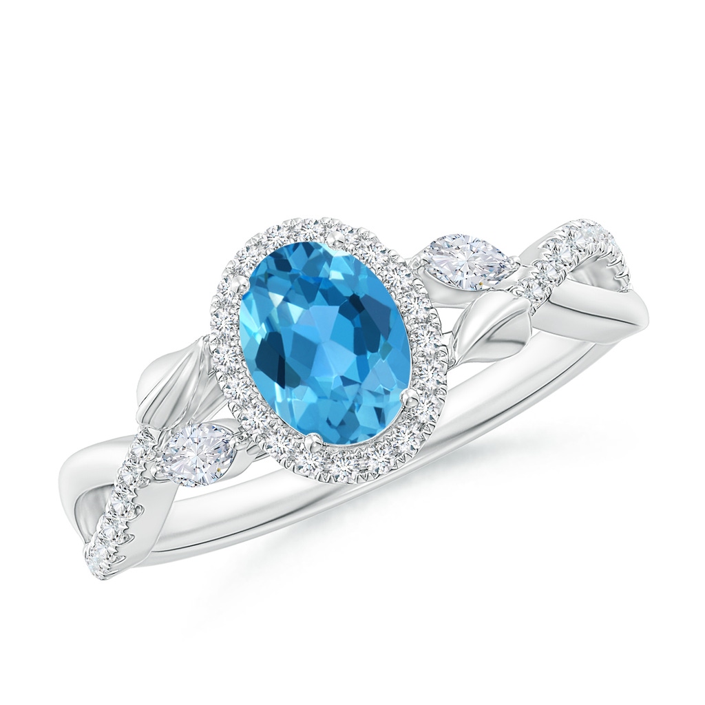 7x5mm AAA Oval Swiss Blue Topaz Twisted Vine Ring with Diamond Halo in White Gold