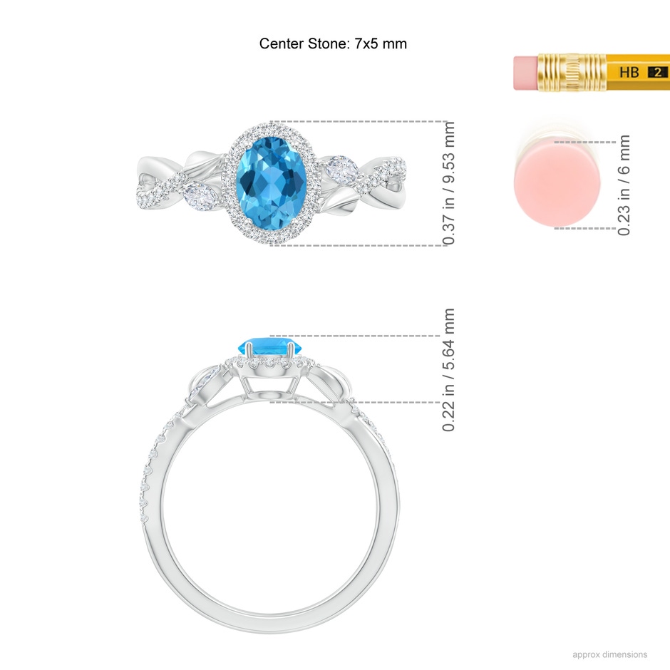 7x5mm AAA Oval Swiss Blue Topaz Twisted Vine Ring with Diamond Halo in White Gold ruler