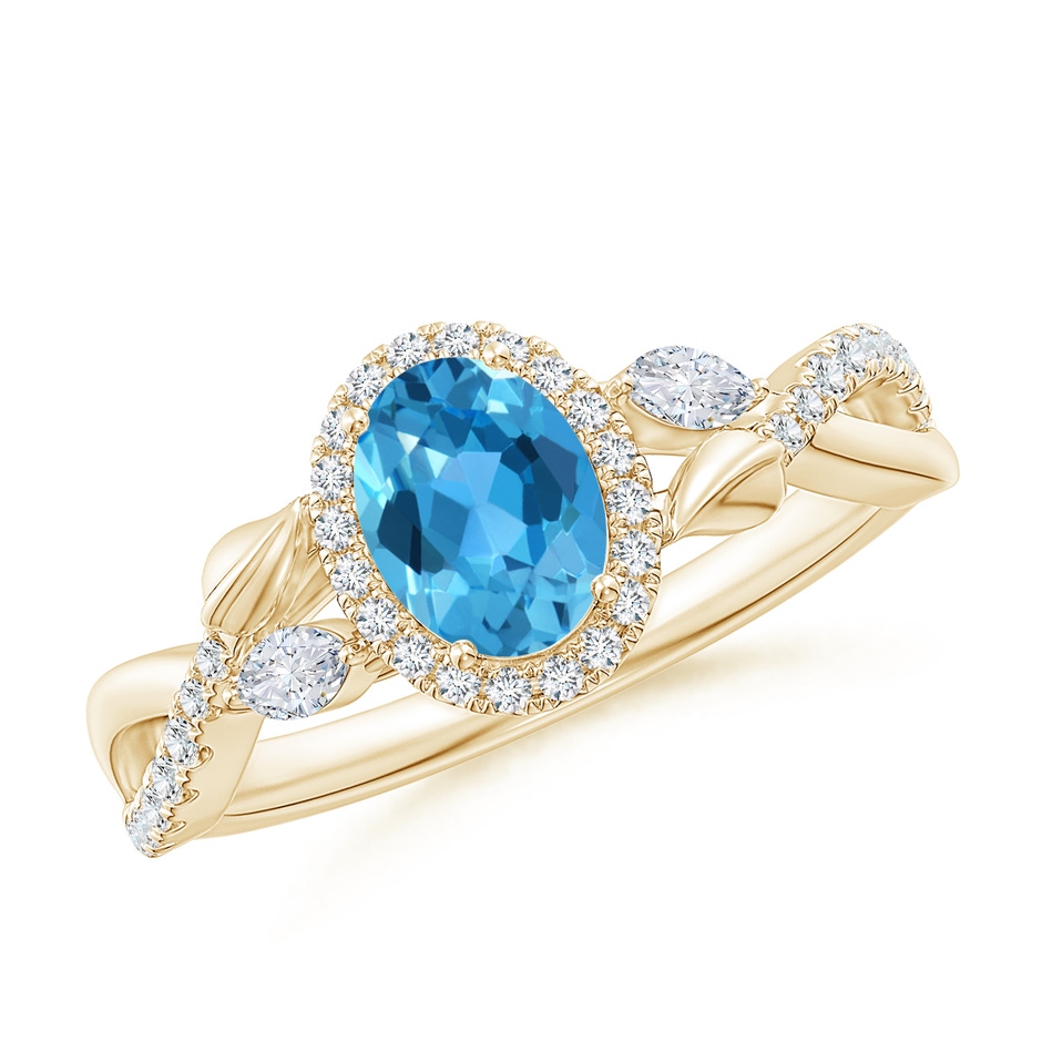 7x5mm AAA Oval Swiss Blue Topaz Twisted Vine Ring with Diamond Halo in Yellow Gold 