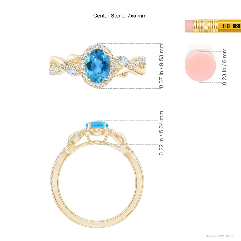 7x5mm AAA Oval Swiss Blue Topaz Twisted Vine Ring with Diamond Halo in Yellow Gold ruler