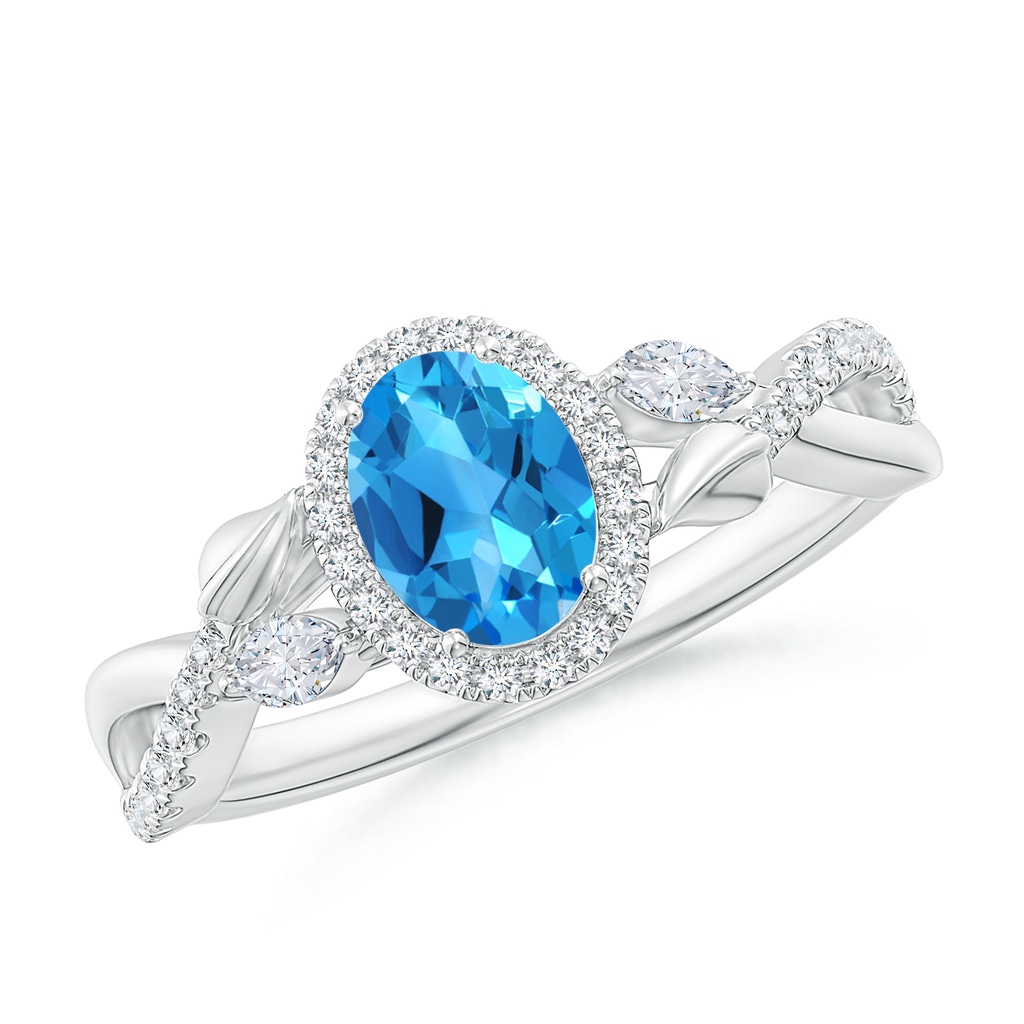 7x5mm AAAA Oval Swiss Blue Topaz Twisted Vine Ring with Diamond Halo in White Gold