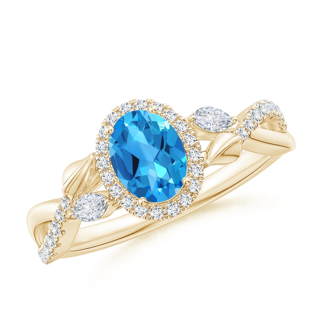 7x5mm AAAA Oval Swiss Blue Topaz Twisted Vine Ring with Diamond Halo in Yellow Gold