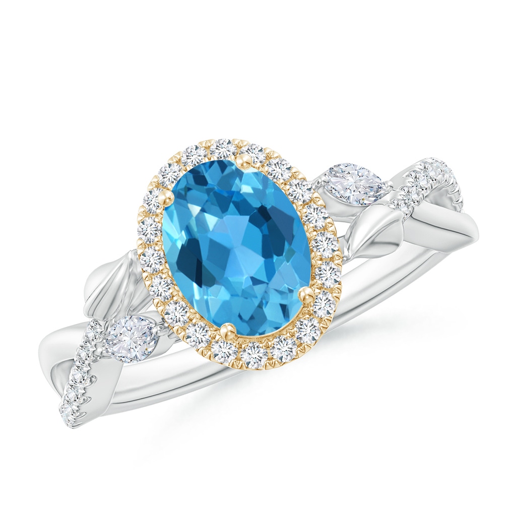 8x6mm AAA Oval Swiss Blue Topaz Twisted Vine Ring with Diamond Halo in White Gold Yellow Gold