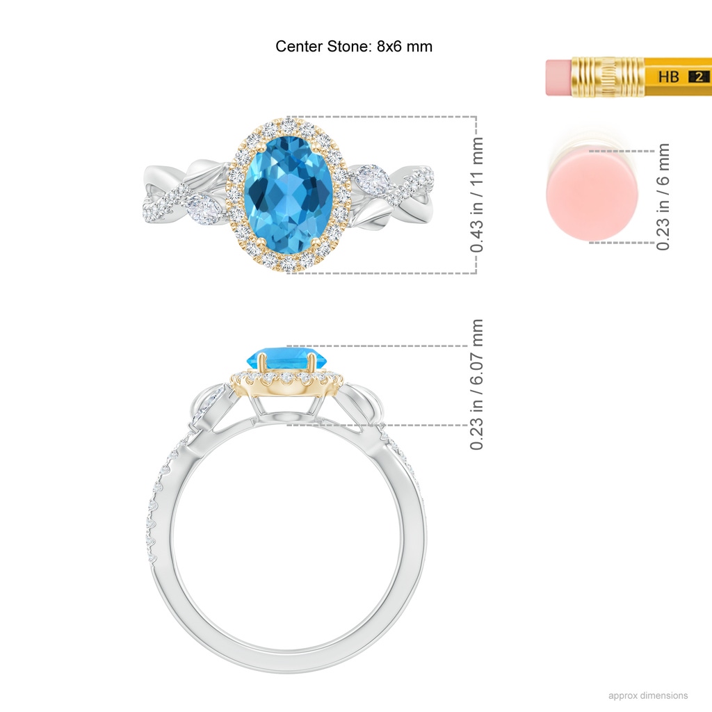 8x6mm AAA Oval Swiss Blue Topaz Twisted Vine Ring with Diamond Halo in White Gold Yellow Gold Ruler