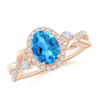 8x6mm AAAA Oval Swiss Blue Topaz Twisted Vine Ring with Diamond Halo in Rose Gold