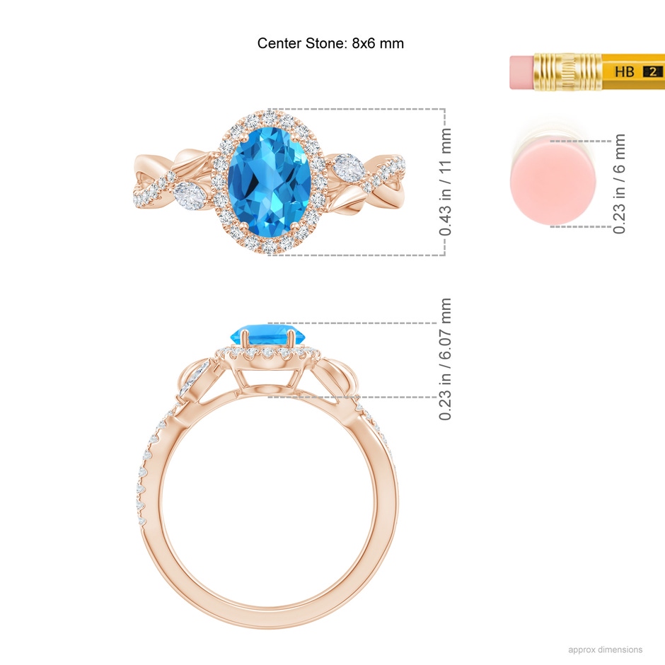 8x6mm AAAA Oval Swiss Blue Topaz Twisted Vine Ring with Diamond Halo in Rose Gold ruler