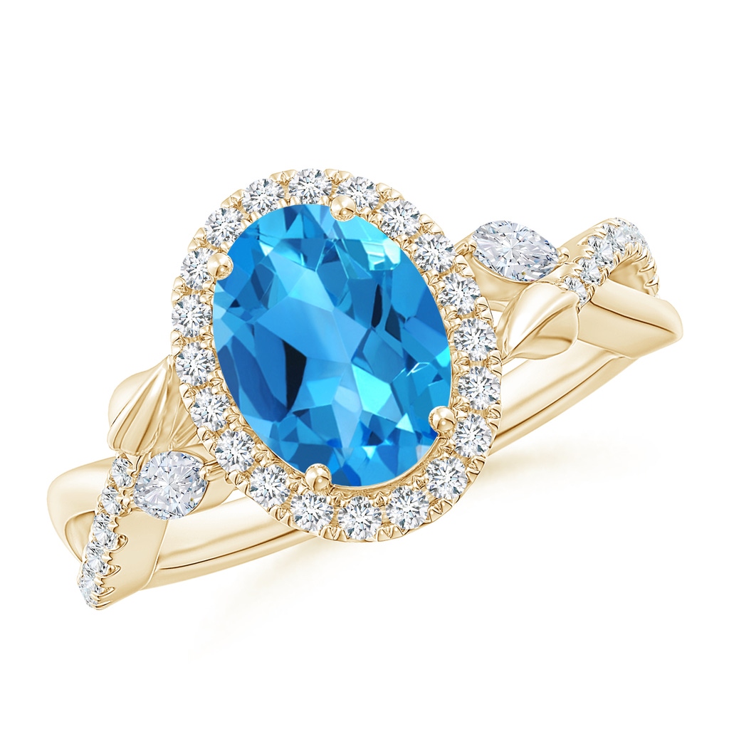 9x7mm AAAA Oval Swiss Blue Topaz Twisted Vine Ring with Diamond Halo in Yellow Gold