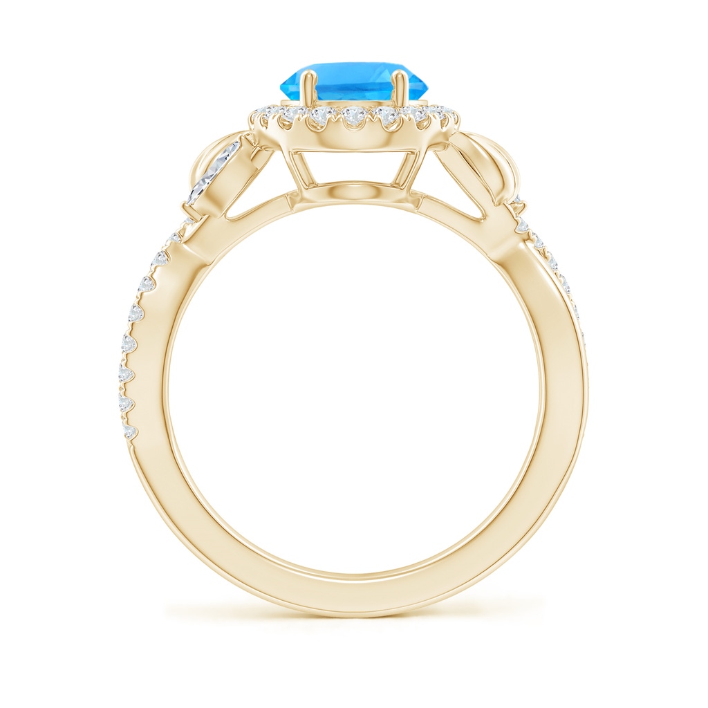 9x7mm AAAA Oval Swiss Blue Topaz Twisted Vine Ring with Diamond Halo in Yellow Gold Side-1