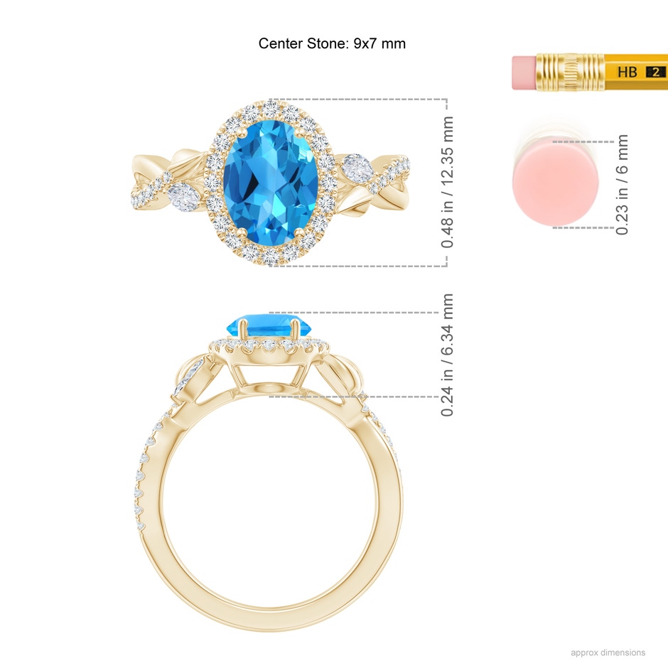 9x7mm AAAA Oval Swiss Blue Topaz Twisted Vine Ring with Diamond Halo in Yellow Gold ruler