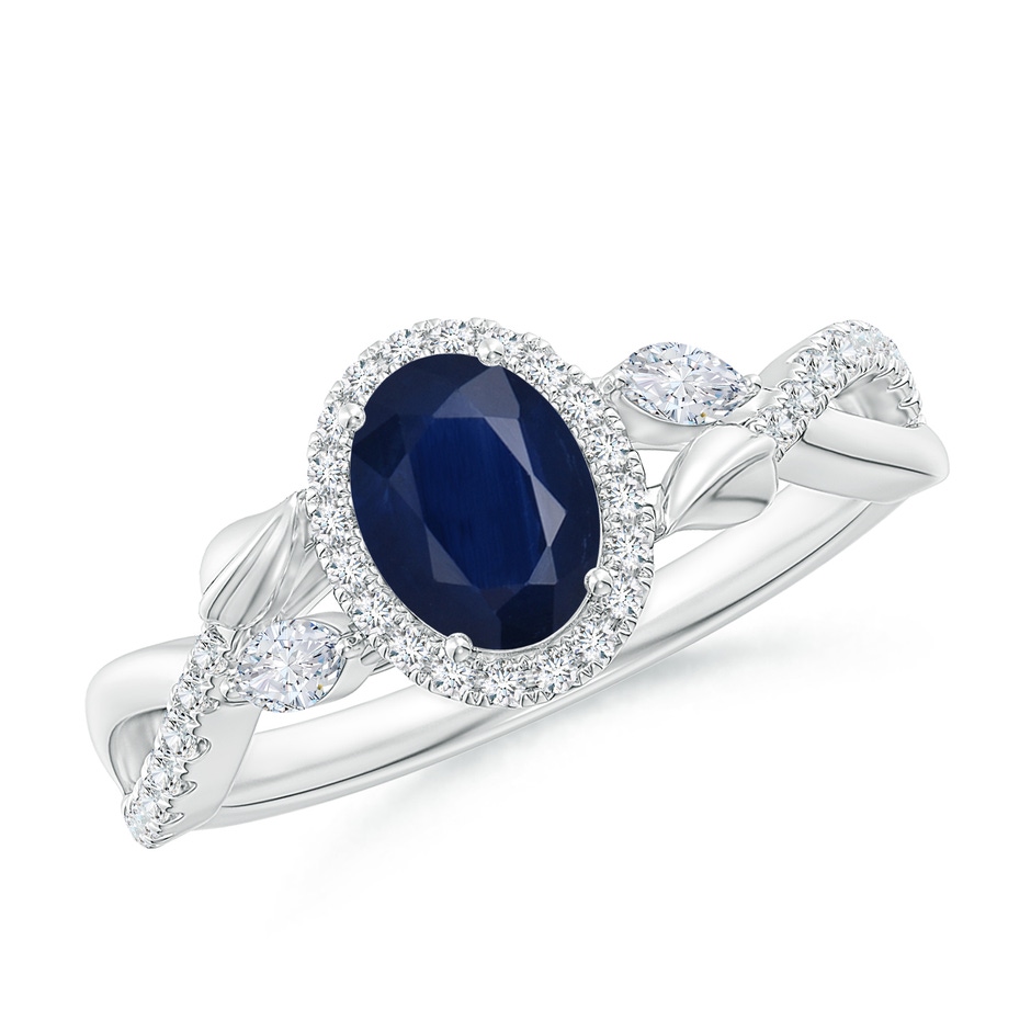 7x5mm A Oval Sapphire Twisted Vine Ring with Diamond Halo in White Gold 