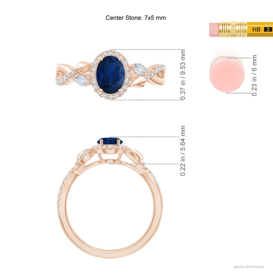 7x5mm AA Oval Sapphire Twisted Vine Ring with Diamond Halo in Rose Gold ruler