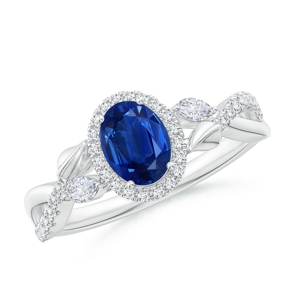 7x5mm AAA Oval Sapphire Twisted Vine Ring with Diamond Halo in White Gold