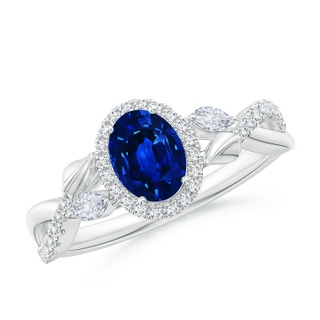 7x5mm AAAA Oval Sapphire Twisted Vine Ring with Diamond Halo in White Gold