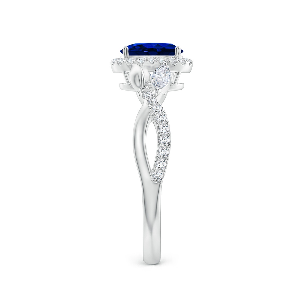 7x5mm AAAA Oval Sapphire Twisted Vine Ring with Diamond Halo in White Gold Side-2