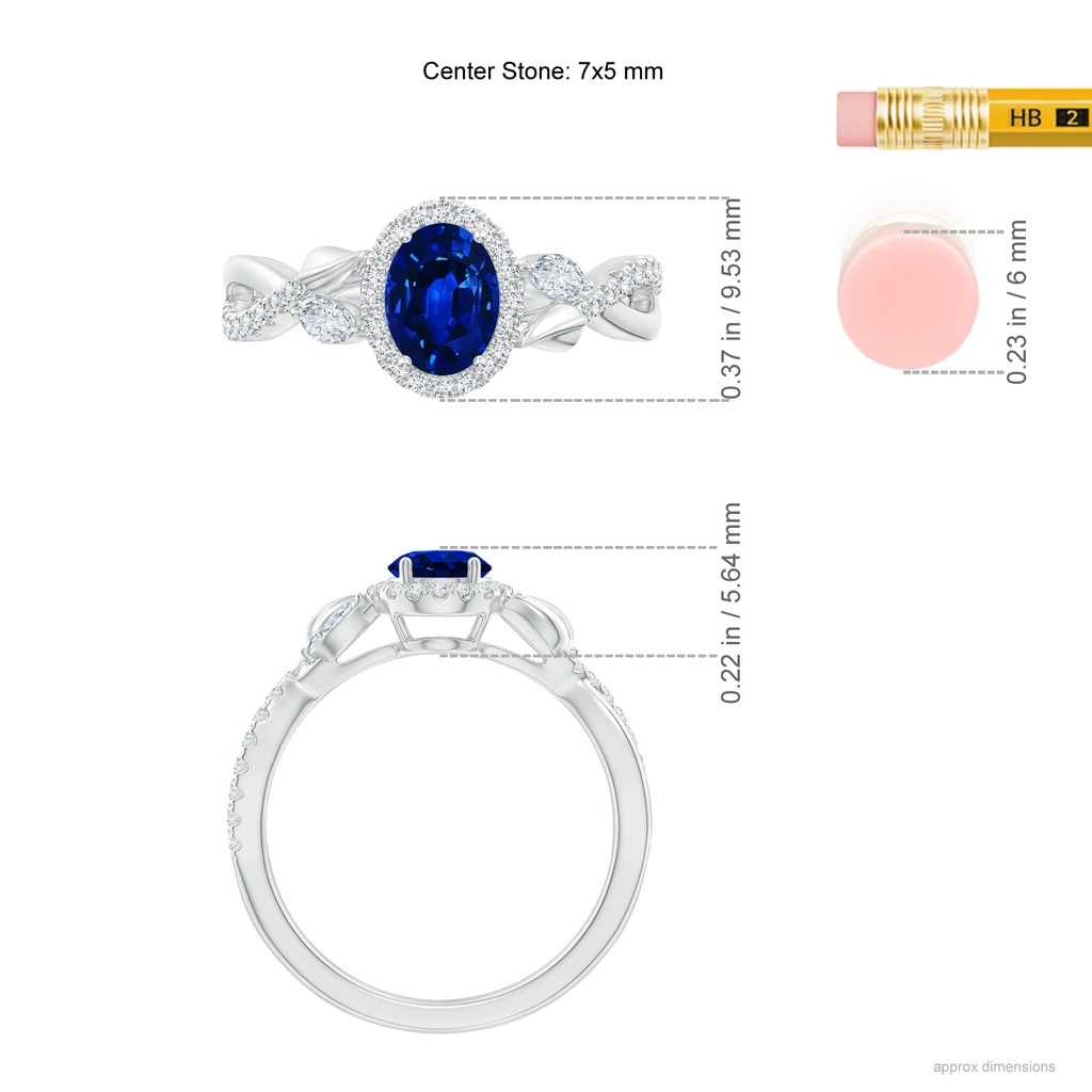 7x5mm AAAA Oval Sapphire Twisted Vine Ring with Diamond Halo in White Gold Ruler