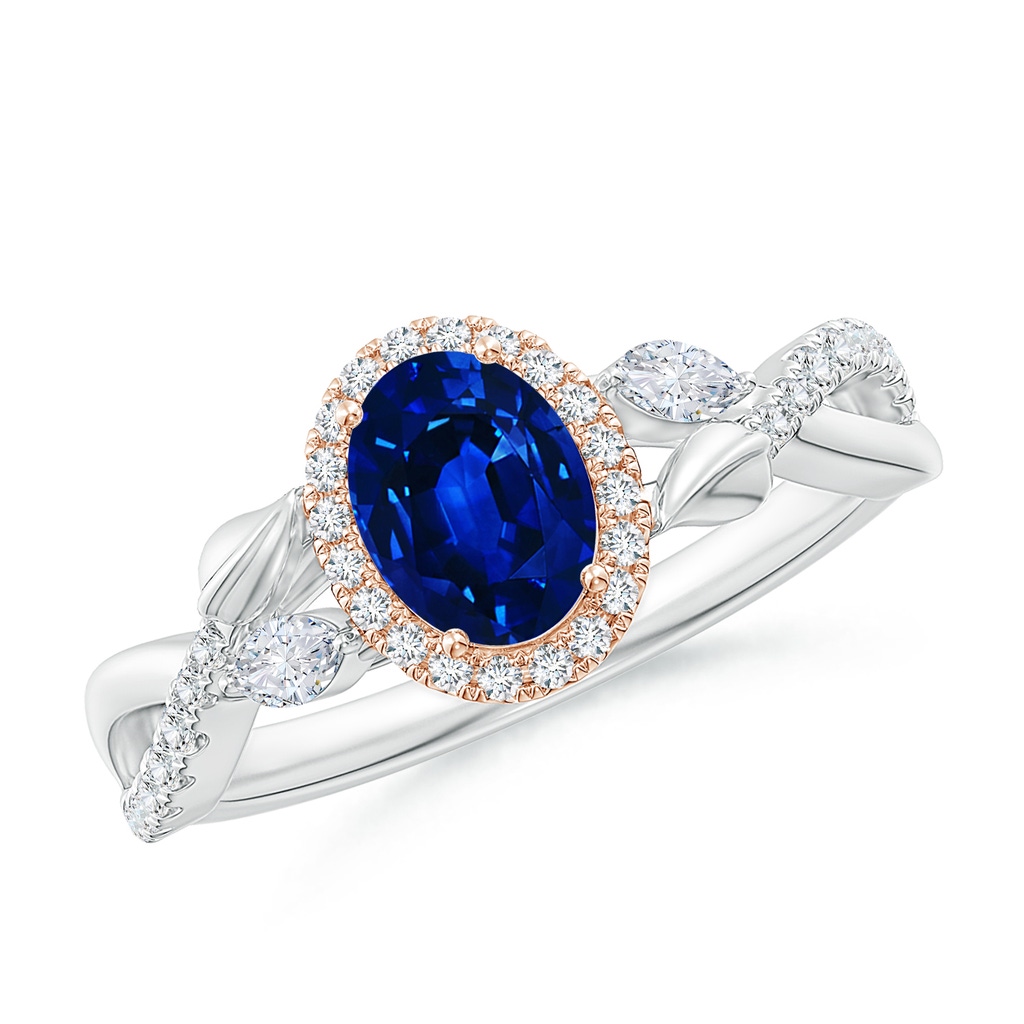 7x5mm AAAA Oval Sapphire Twisted Vine Ring with Diamond Halo in White Gold Rose Gold
