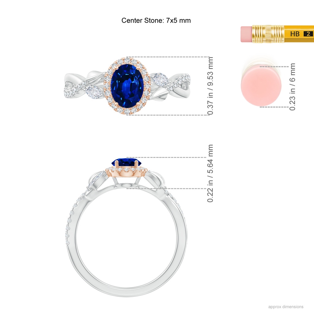 7x5mm AAAA Oval Sapphire Twisted Vine Ring with Diamond Halo in White Gold Rose Gold Ruler