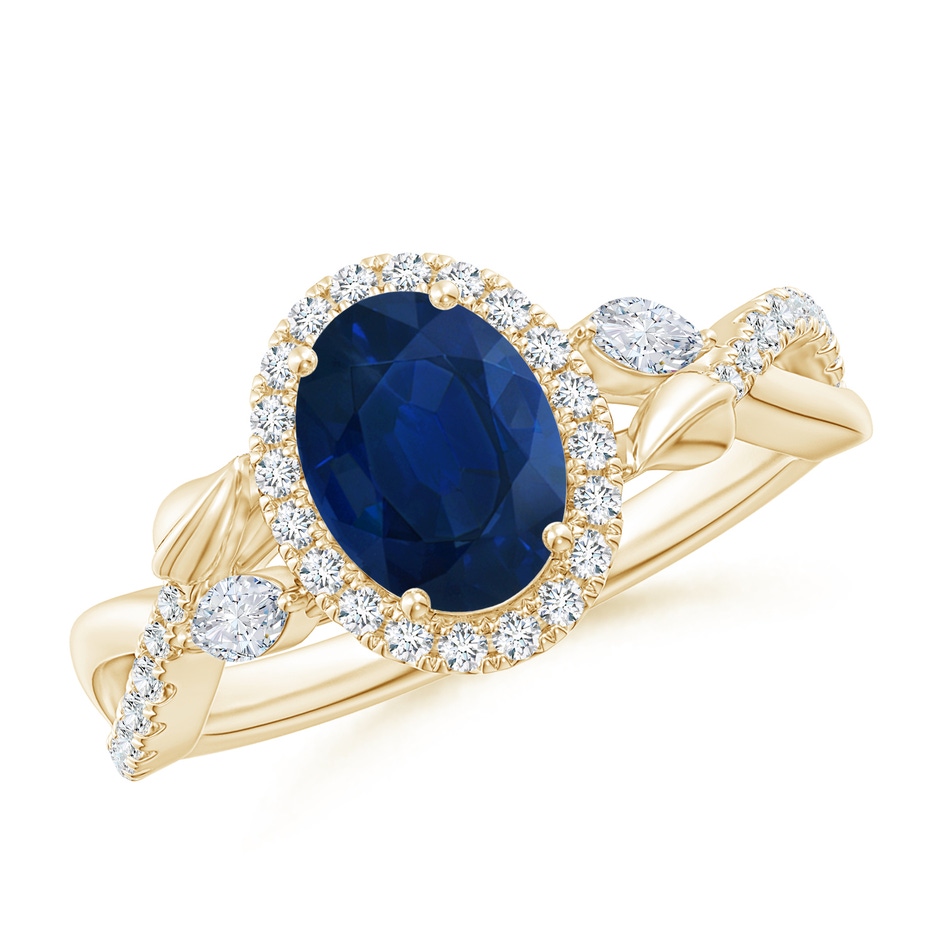 8x6mm AA Oval Sapphire Twisted Vine Ring with Diamond Halo in Yellow Gold 