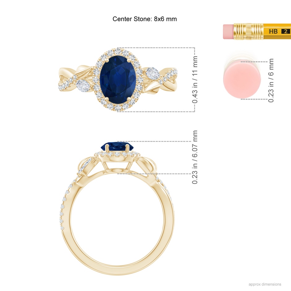 8x6mm AA Oval Sapphire Twisted Vine Ring with Diamond Halo in Yellow Gold ruler