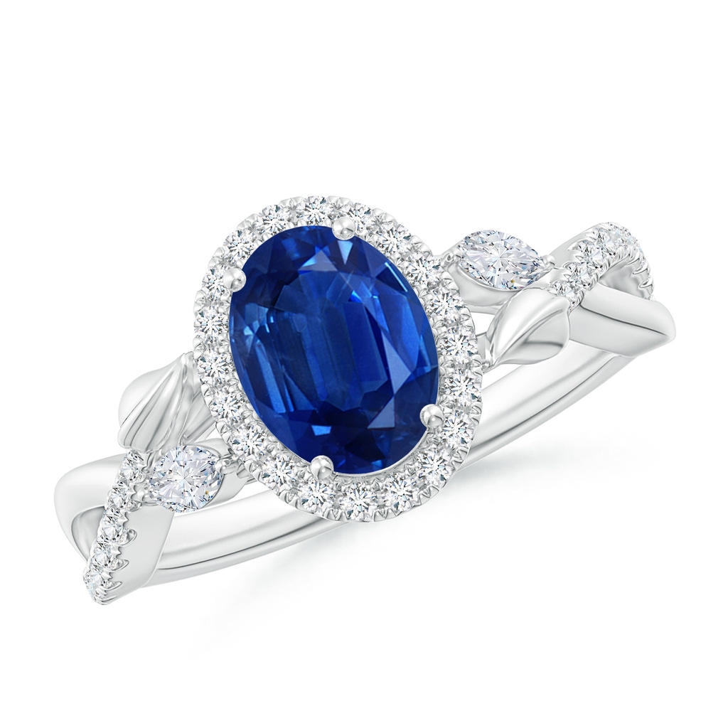 8x6mm AAA Oval Sapphire Twisted Vine Ring with Diamond Halo in White Gold