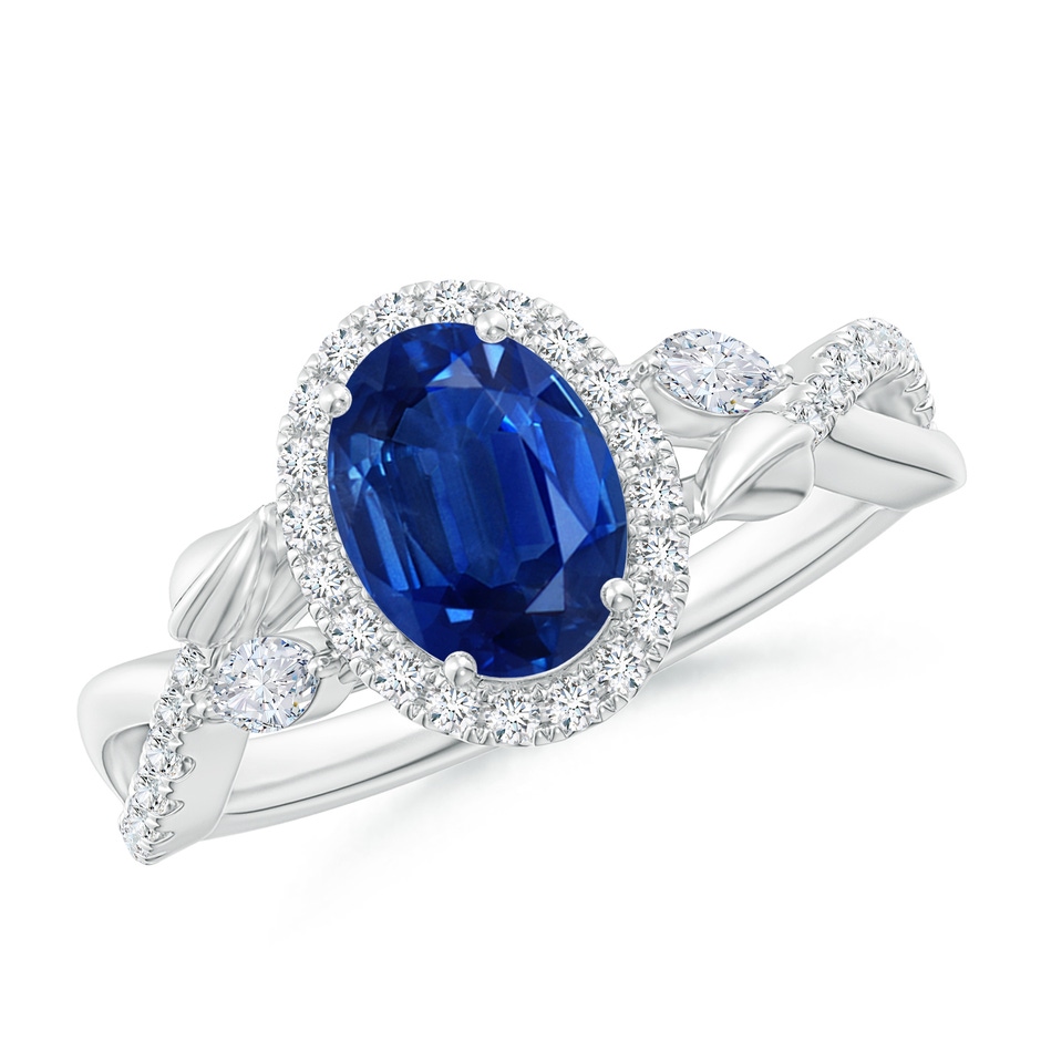 8x6mm AAA Oval Sapphire Twisted Vine Ring with Diamond Halo in White Gold 