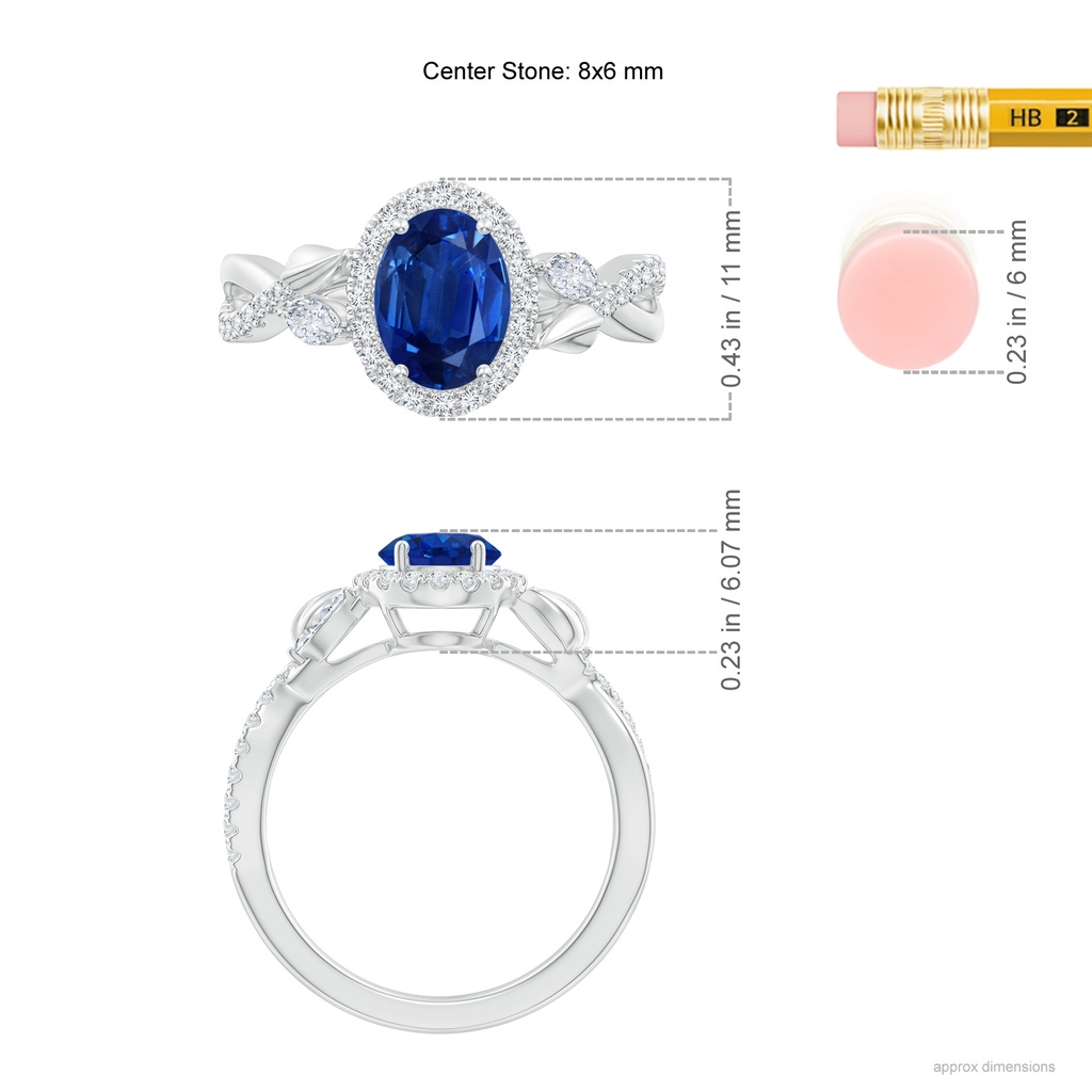 8x6mm AAA Oval Sapphire Twisted Vine Ring with Diamond Halo in White Gold Ruler