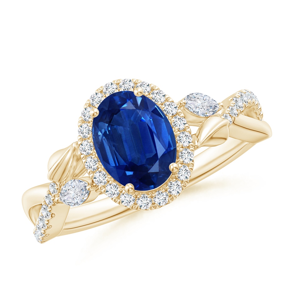 8x6mm AAA Oval Sapphire Twisted Vine Ring with Diamond Halo in Yellow Gold 