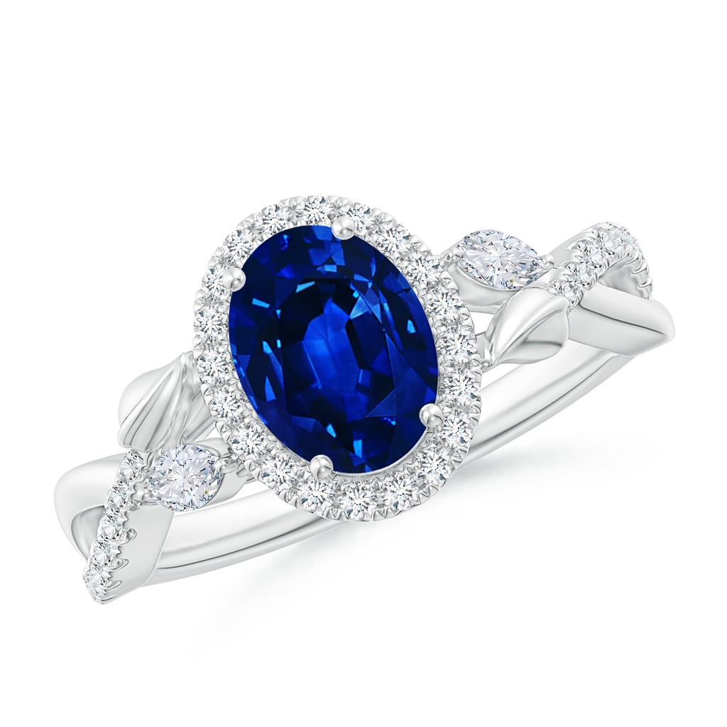 8x6mm Lab-Grown Oval Sapphire Twisted Vine Ring with Diamond Halo in White Gold