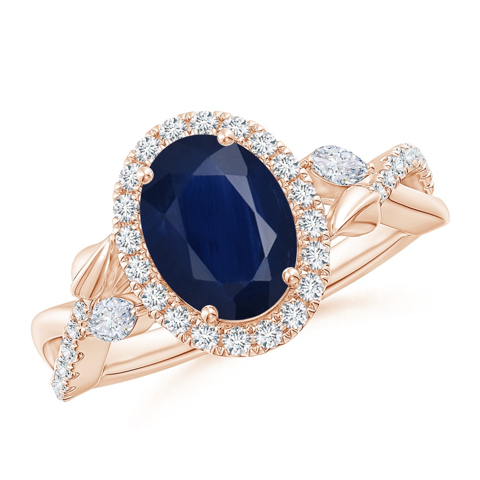 9x7mm A Oval Sapphire Twisted Vine Ring with Diamond Halo in Rose Gold 