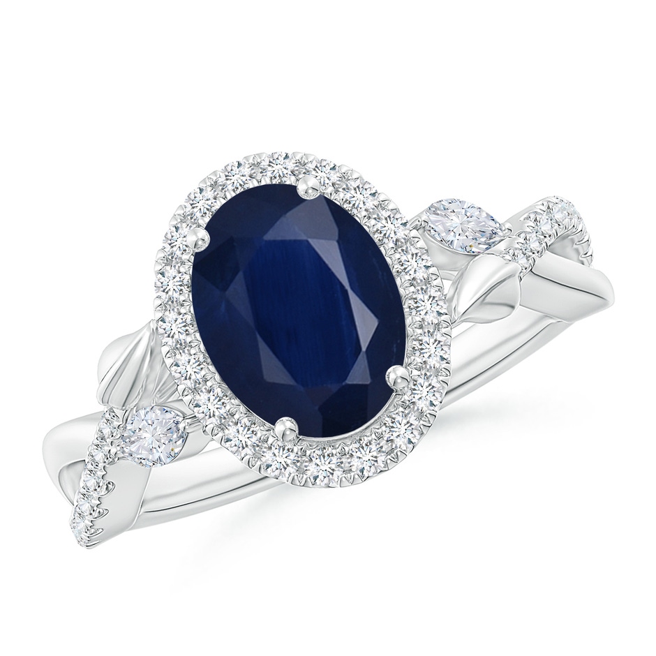 9x7mm A Oval Sapphire Twisted Vine Ring with Diamond Halo in White Gold 
