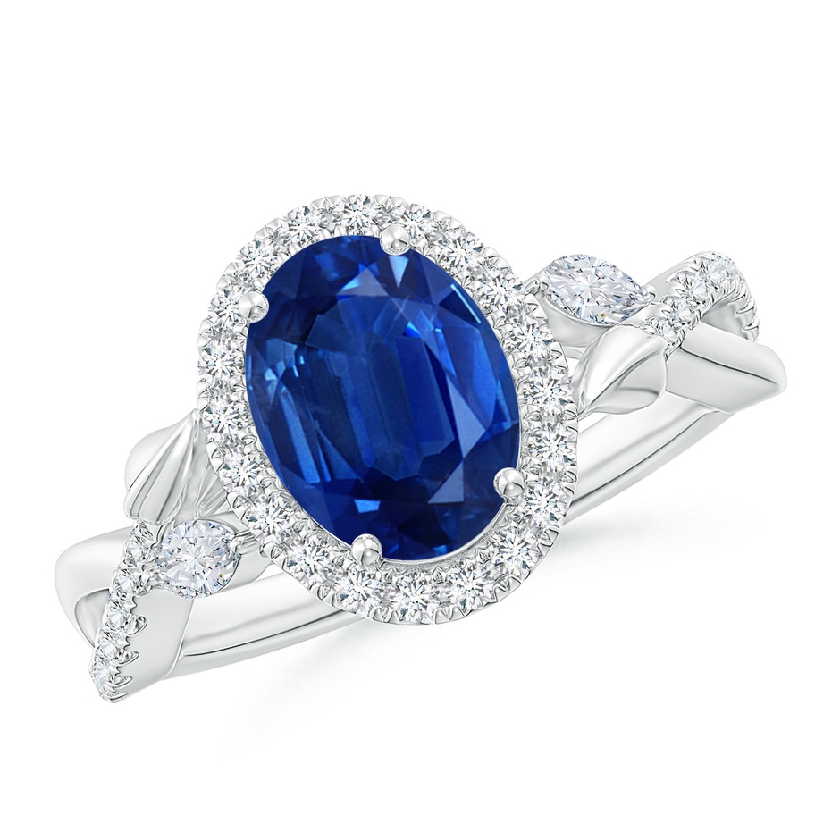 9x7mm AAA Oval Sapphire Twisted Vine Ring with Diamond Halo in White Gold 