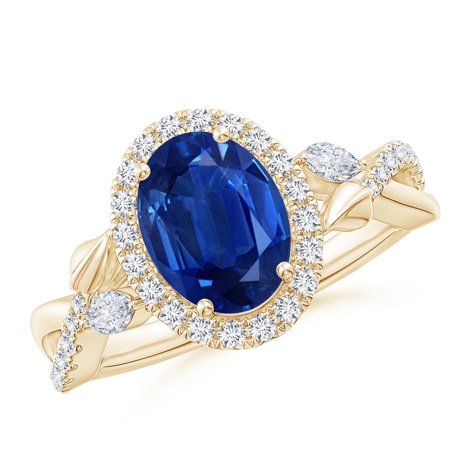 9x7mm AAA Oval Sapphire Twisted Vine Ring with Diamond Halo in Yellow Gold 