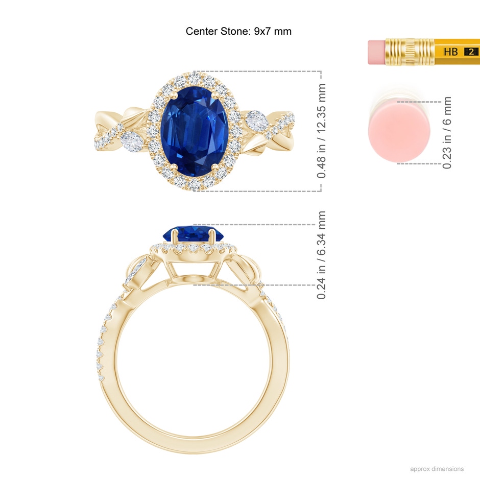 9x7mm AAA Oval Sapphire Twisted Vine Ring with Diamond Halo in Yellow Gold ruler