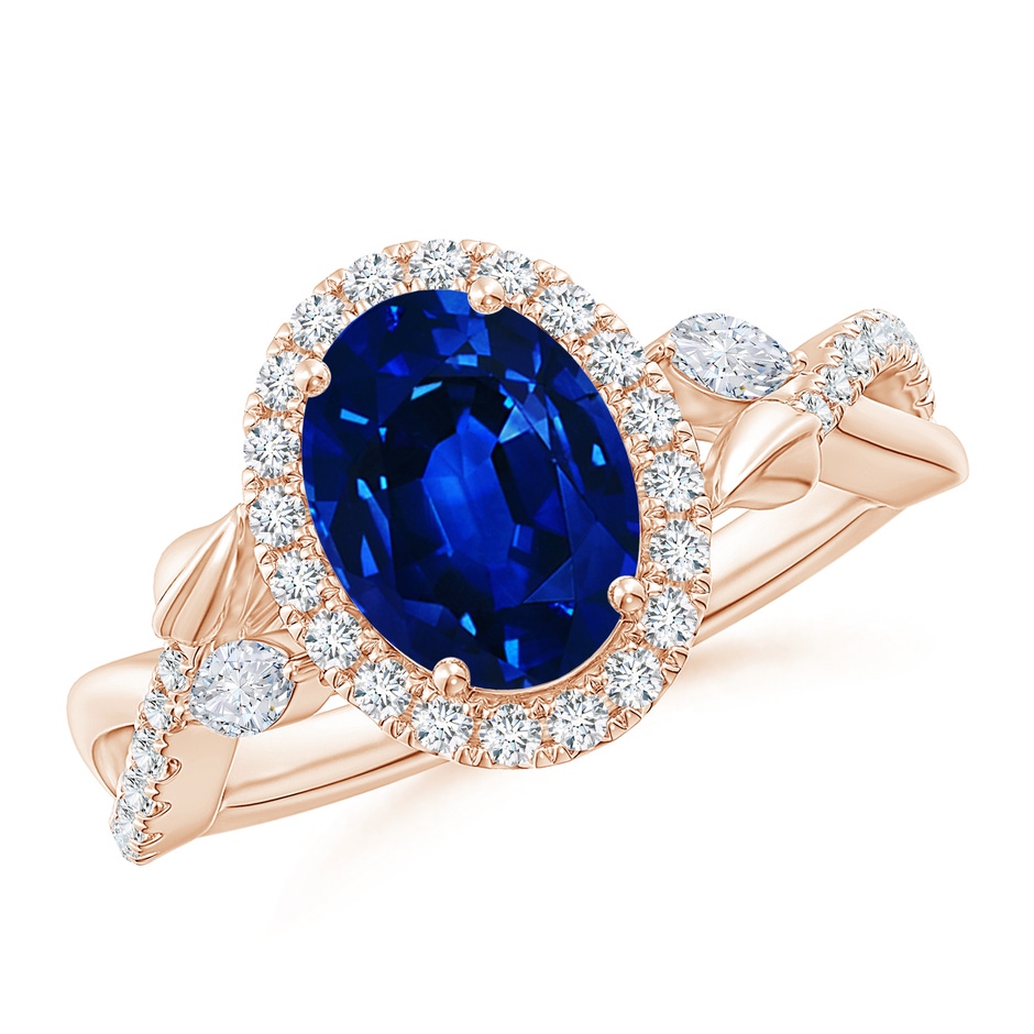 9x7mm AAAA Oval Sapphire Twisted Vine Ring with Diamond Halo in Rose Gold 