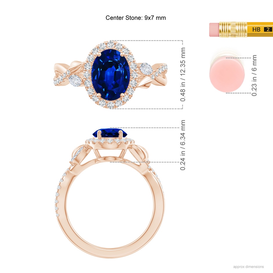9x7mm AAAA Oval Sapphire Twisted Vine Ring with Diamond Halo in Rose Gold ruler