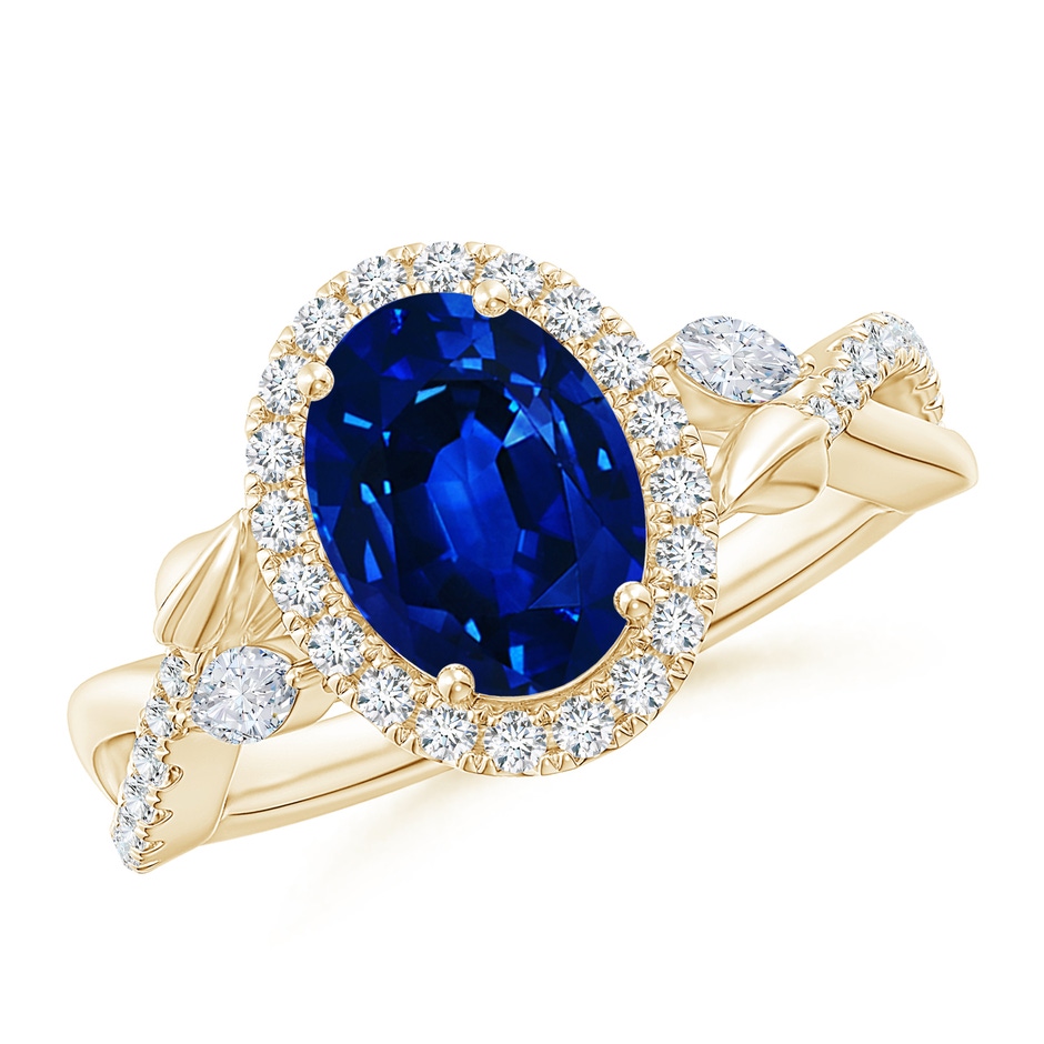9x7mm AAAA Oval Sapphire Twisted Vine Ring with Diamond Halo in Yellow Gold 