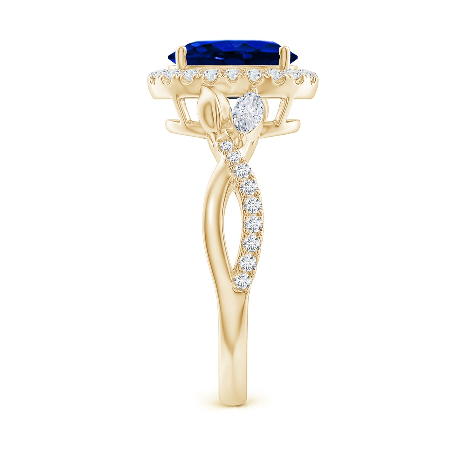9x7mm AAAA Oval Sapphire Twisted Vine Ring with Diamond Halo in Yellow Gold side-2
