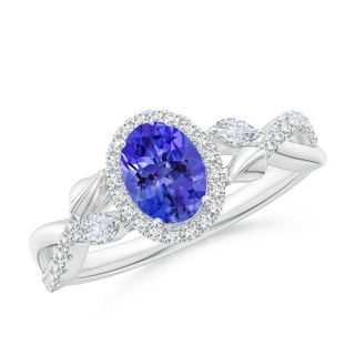 7x5mm AAA Oval Tanzanite Twisted Vine Ring with Diamond Halo in White Gold