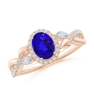 7x5mm AAAA Oval Tanzanite Twisted Vine Ring with Diamond Halo in Rose Gold